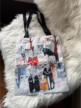 Reusable Fabric Tote Bag with Artistic Cat Print